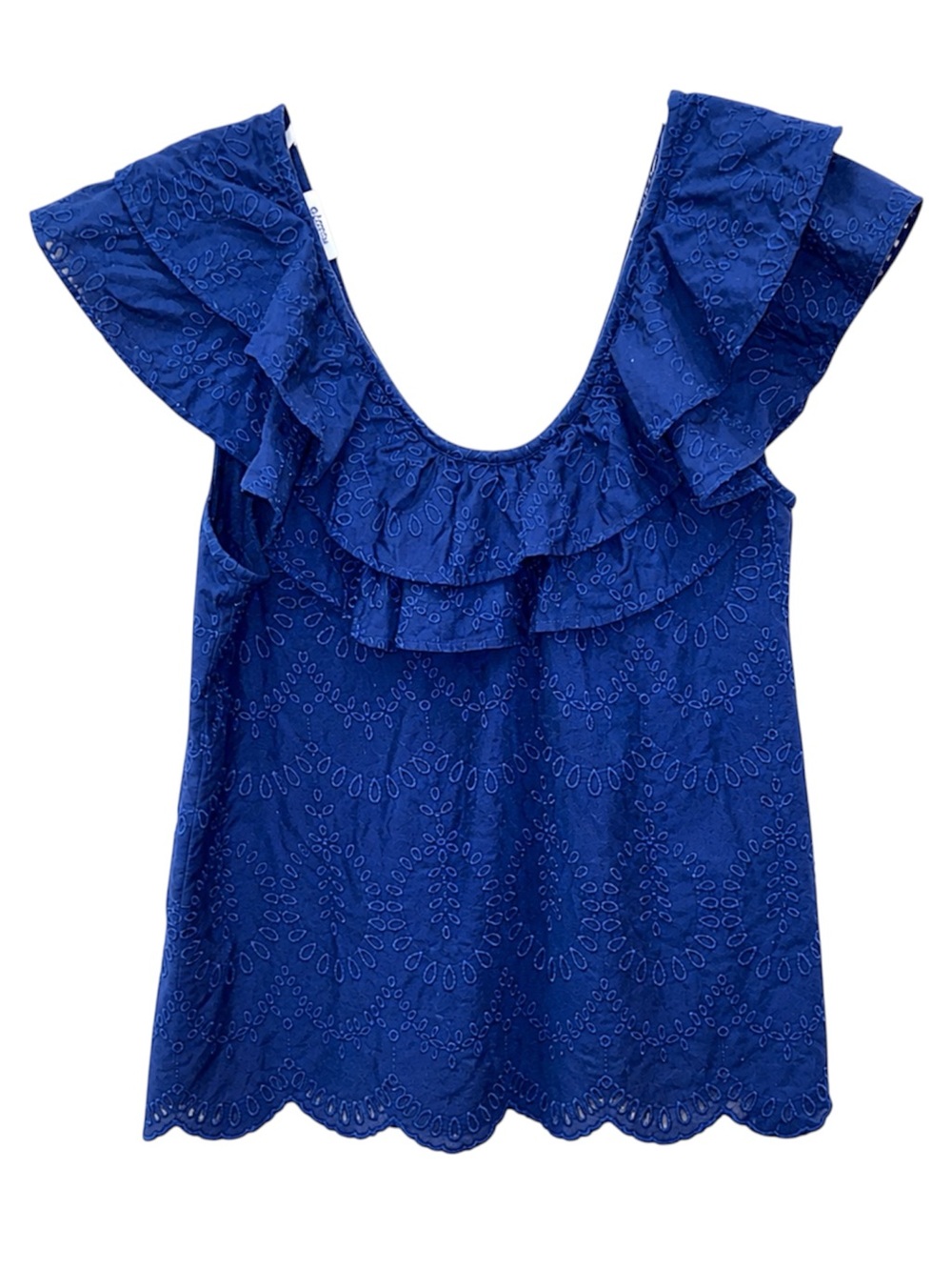 Crown & Ivy Blue Eyelet Ruffle Top Cotton Scalloped Hem Coastal Preppy Blouse